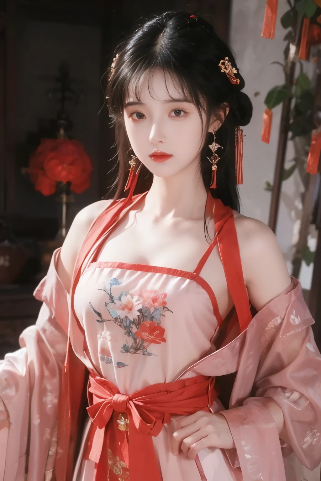 ( masterpiece, top quality, best quality, official art, beautiful and aesthetic:1.2), (1 Girl:1.3), flat chest,  extremely detailed,(Fractal Art:1.1),(Flowers:1.3),Highest Detail,(dynamic pose), (background:1.3), (traditional Chinese costume:1.2), (shiny skin), ( many colors :1.4), ,(earrings:1.1),