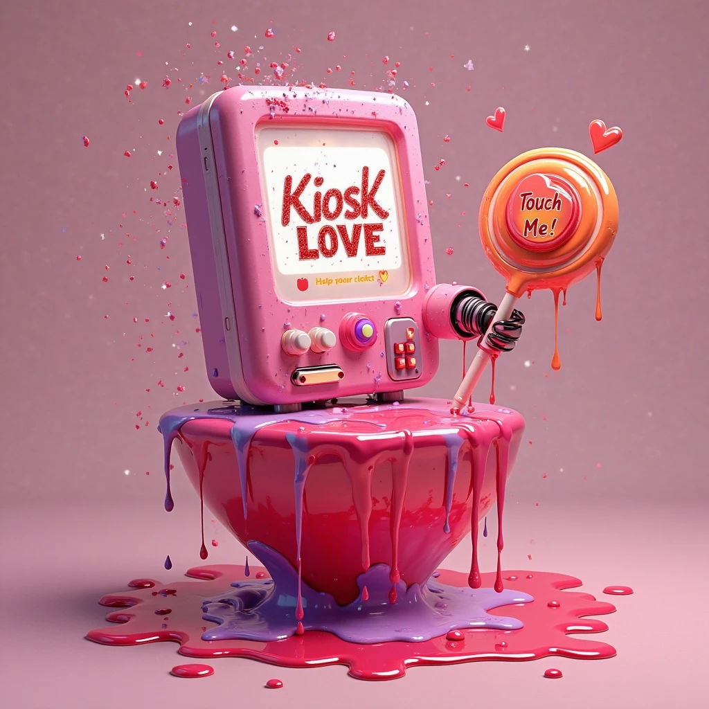 A chunky, bubblegum-pink kiosk teeters on a giant, wobbly heart - SeaArt AI