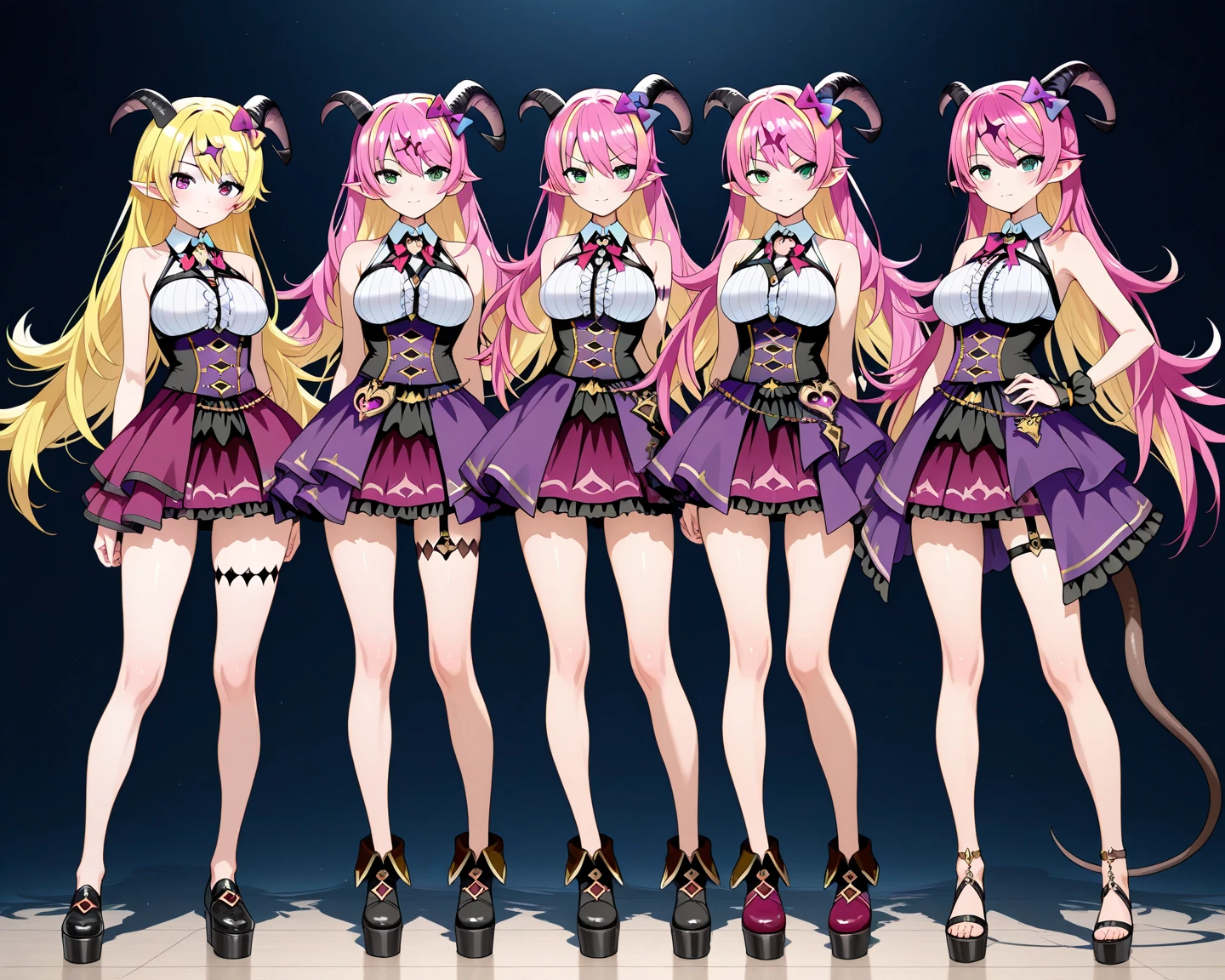 masterpiece, best quality, 3 girls,  variety of hairstyles, high fantasy costume, ((white background)), full body, multiple views, leotard, succubus, dragon horn, detached sleeves,