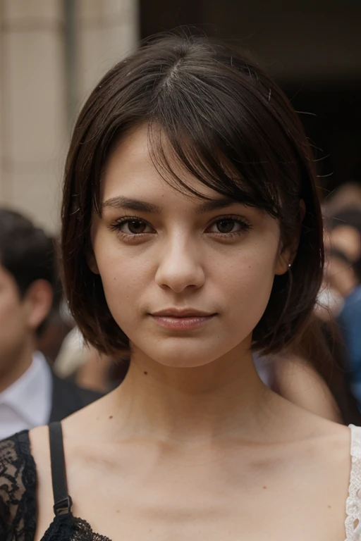 Photo d&#39;une femme brune de 20 ans, qui a un visage très naturel,  thin lips, yeux fins, Sourcils fins, nez fin, Des boucles d&#39;oreilles, long cils. She makes a joli selfie with a cup of coffee
