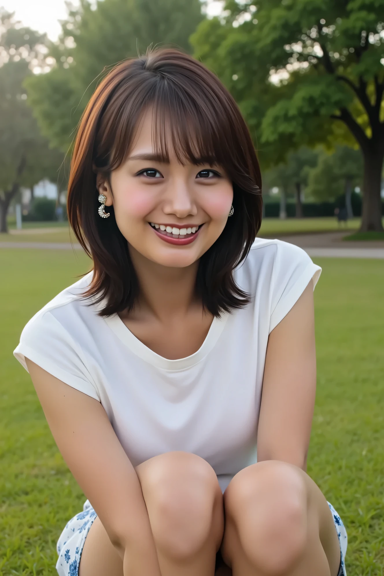 ((( High Resolution , top quality, very well detailed, masterpiece , highly detailed photos , realistic , Real people , Ultra precise skin ))) , , ( from the front ) , full body , Advance Shot , Viewer , ( giggle face ) , { wearing the sleeveless T-shirt and mini-skirt : 1.8 } , black hair , medium hair , medium breasts , { focus on the pubic area between the legs : 1.8 } , the dark hours of dawn , (( tuck hair behind the ear : 1.8)) , { nsfw , open legs ,squatting } , In the park