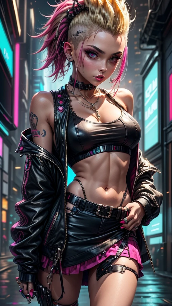 (Evangeline Lilly) Digital illustration featuring a anthropomorphic feline+paws+claw+tail with a striking appearance set against a vibrant, neon-lit urban background. She has human face and black hair with a prominent white streak, styled in a modern. She has yellow eyes. Her skin is fair with a strong complexion, and she has distinct facial features including sharp eyebrows, amber-colored eyes. She wears cat ears on her head, adding a playful yet fierce element to her look. Her attire includes a black choker and a black jacket. A noticeable tattoo of a skull with a gear design is visible on her upper arm. The background is filled with colorful, blurred neon signs in various shapes and sizes, contributing to the cyberpunk aesthetic of the image.