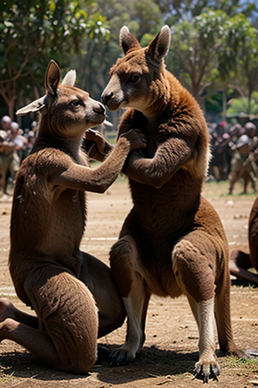 two kangaroos in a zoo enclosure playing with each other, kangaroos, symmetric!, posing ready for a fight, spy kangaroo, two deer wearing suits, posing for a fight, skintight suits, symmetric!!, slightly muscular, kangaroo, very buff, extremely symmetrical, very symmetrical, very symmetrical body, slam dancing creatures