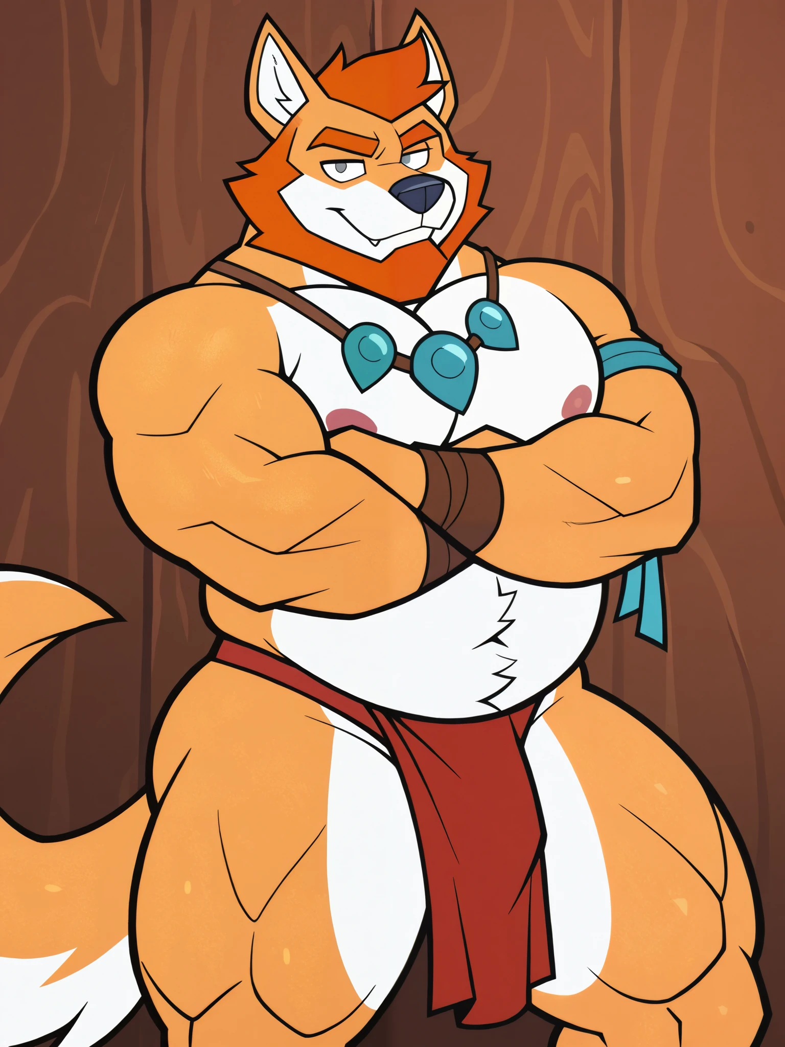 yellow wolf, male focus, fat body, strong arms, thick thighs, long orange hair, orange beard, gray eyes, red loincloth, jewelry, sensual pose, sfw