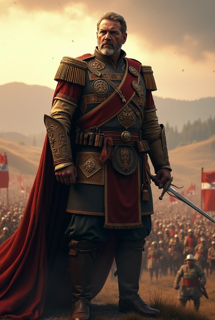 giant Ottoman soldier in the foreground, in the background a castle with an Ottoman army