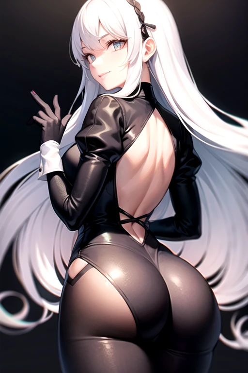 pale skin，dark风，wearing leg rings，long white hair，black eye shadow，red eyes，Abstinence，dark，goat horn，sickle，grim Reaper，butt close-up，succubus，Open the legs，Smile，Sticking out tongue，Battle damage，Broken clothes，back view，big ass
，puppy