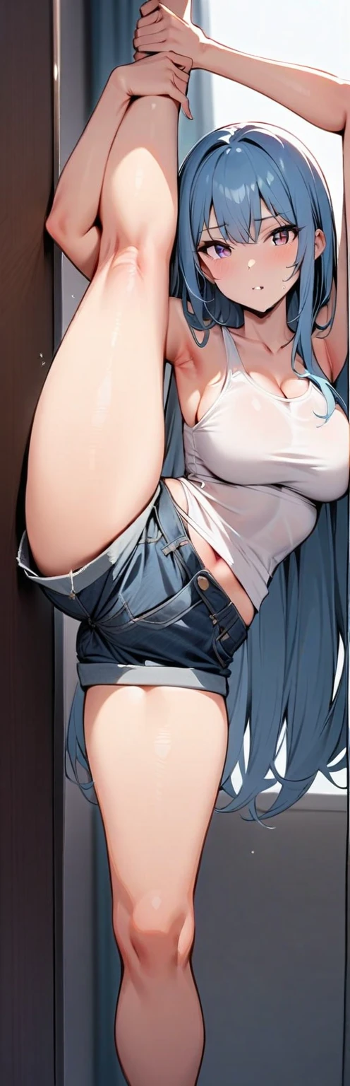 (masterpiece, best quality:1.2), 1girl, solo,standing_split,
long hair, White sleeveless tank top,blue denim shorts