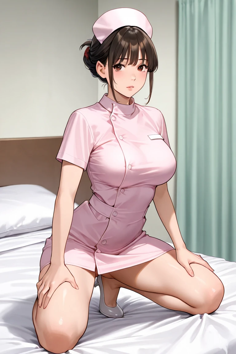 Beautiful woman, Anatomically perfect body, Slender、Slim figure、(nurse、nurse), BREAK (白いワンピースのnurse服), (Look down:1.2), (Pussy juice)、(1 boy, penis, hand job:1.1)、20-year-old、(Highest quality)、Black Hair, short hair、 Messy Hair、Bedroom、(On the bed:1.2), (8K, High resolution)、(shy:1.4)、(shy:1.2), medium breast, (steam:1.2), show off nipples under nurse uniform, (embarrassed:1.3)