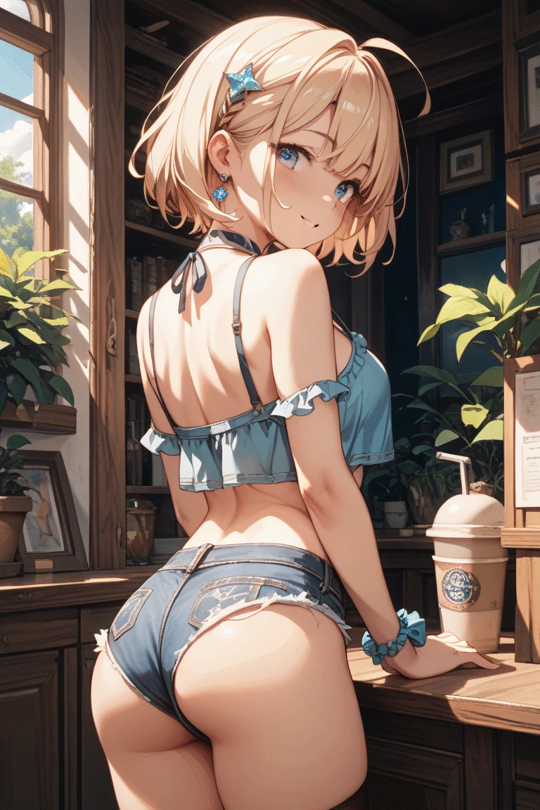 (super flat, flat shading, flat color:1.1)、An illustration、(beautiful platinum blonde hair、short hair、American boyish girl)、thighs open、smile、Draw so that the crotch cloth of the beige underwear is visible..、Skirt flip、((Torn and tattered denim skirt、beige panties))、choker、When I look through the viewfinder、bracelet、thigh strap、body painting、head tilt、8K resolution、intricate garments、intricate details、1 girl、alone、blonde、Are standing、cowboy shot、arm at side、mini skirt、detailed panties、((from behind、hind legs、heart cutout、hip incision))、volume lighting、soft light、bright、neon、Bright colors、watercolor painting、