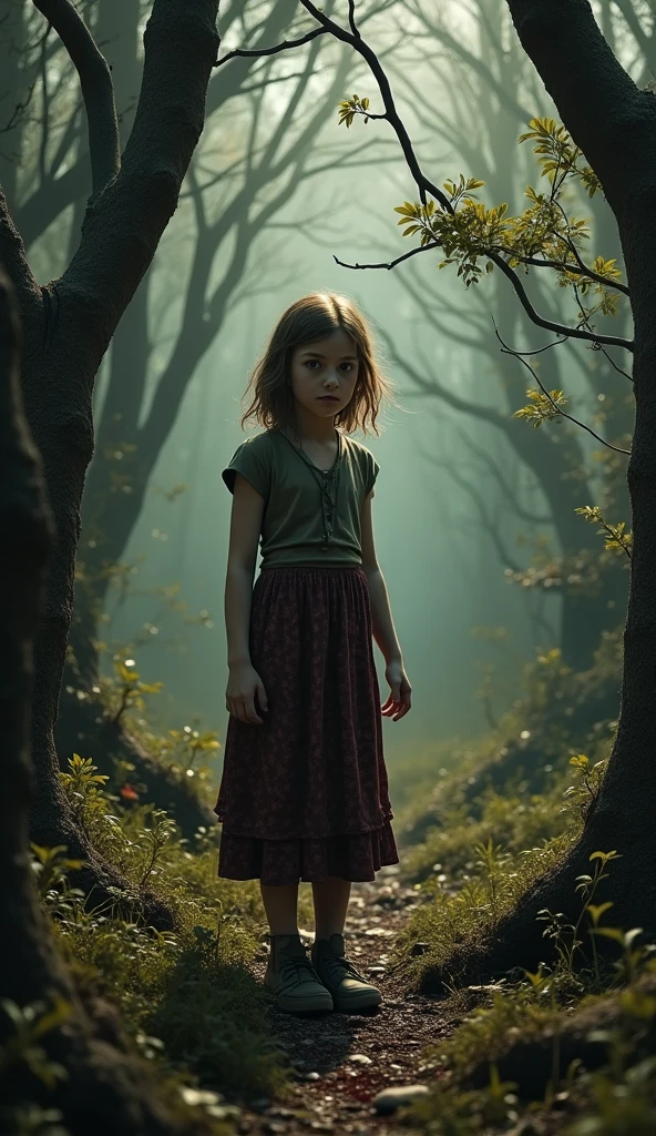 create an illustration for a fairy tale about a little girl in the forest talking to wild animals