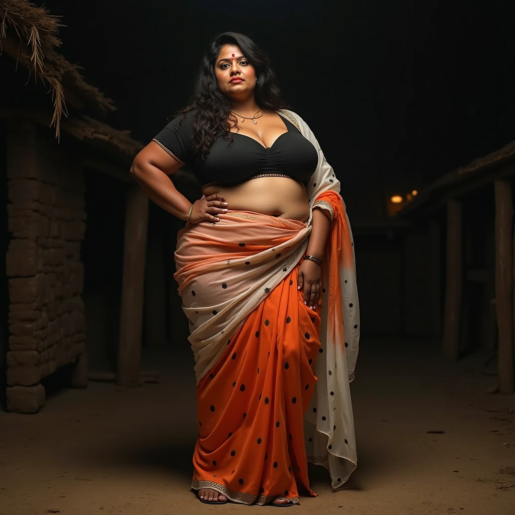 (photorealism:1.2), beautiful indian north indian married chubby woman, 35yo, big breasts, holding a long black pole, wearing indowestern skirt agd black strappy choli top, long straight hair pony, indoors, soft lighting, nothing in background, matching traditional footwear