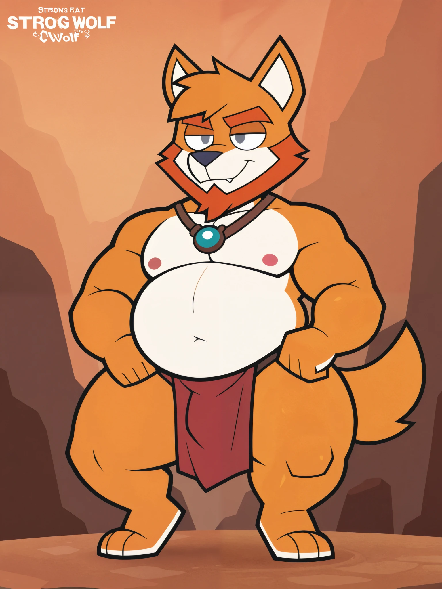 yellow wolf, male focus, fat body, strong arms, thick thighs, long orange hair, orange beard, gray eyes, red loincloth, jewelry, sensual pose, sfw
