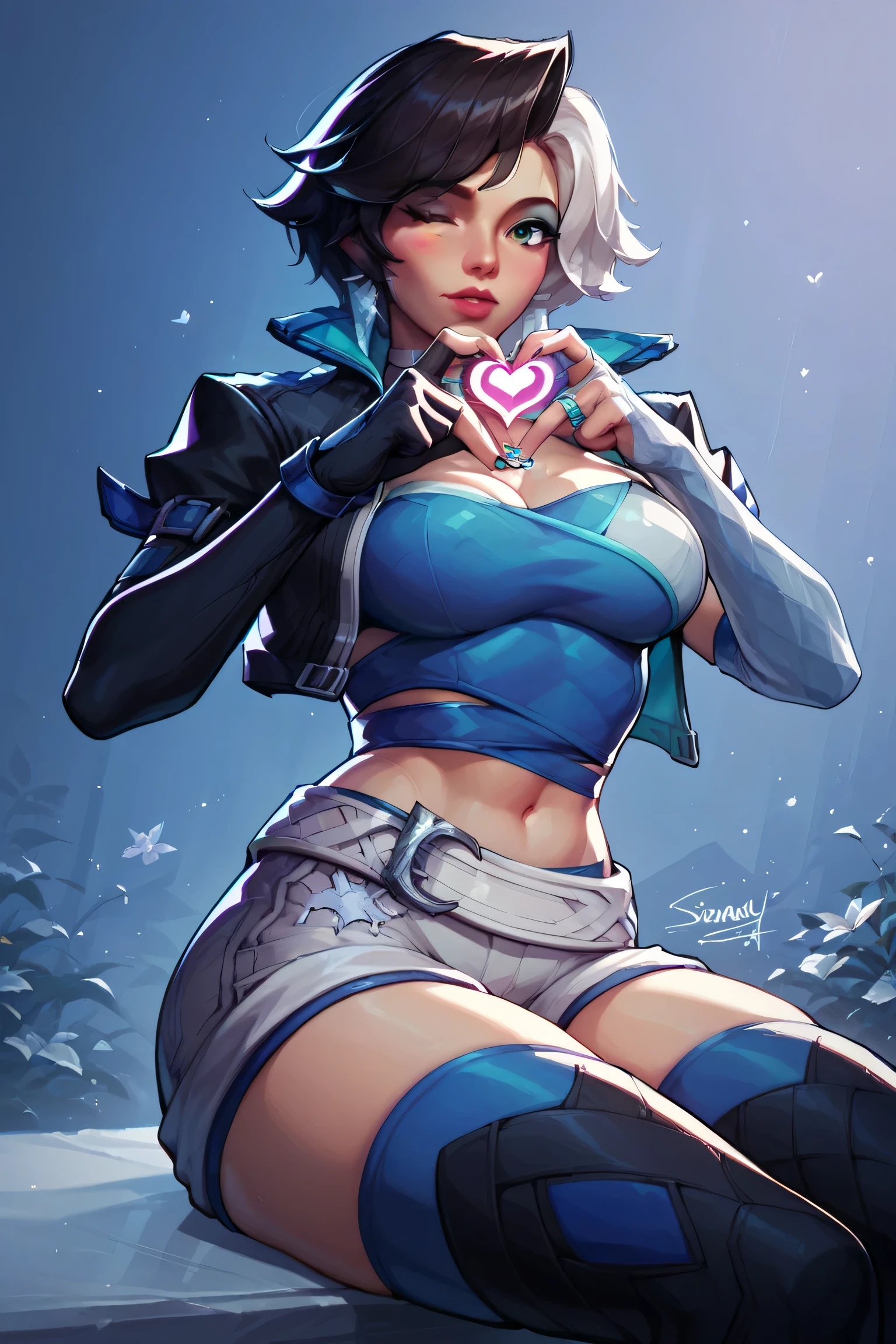 1girl, beautiful woman, breasts
luna_snow
solo, belt, cropped jacket, sitting, thighhighs, one eye closed, jewelry, heart hands, gloves, shorts, breasts