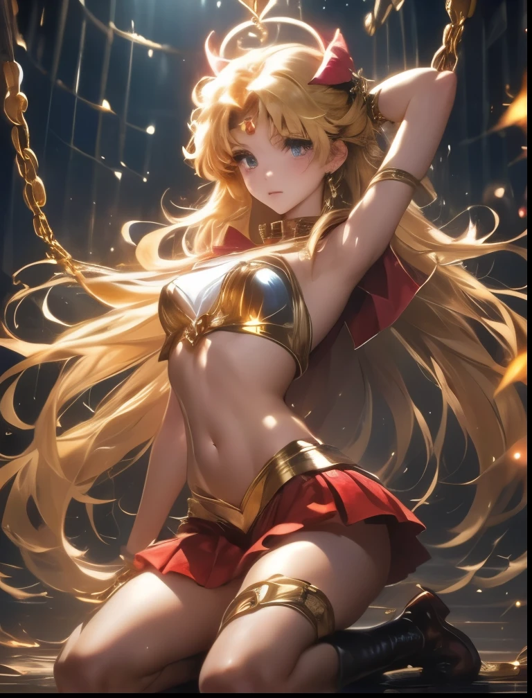 (((SFW、Highest quality、 first class masterpiece 、 normal body of a real person 、8k、 detailed face 、super precise、 real color 、5refer to、Highest)))、Sailor Venus、『sailorMoon』、sailor warrior、 Gold、long hair per person、Magic Girl、pretty girl、 can be used、Oshitoyaka、masochist、 Navel Exposure 、Beautiful breasts、Chest Valley、 golden tiara、Black ribbon on the chest 、slender、 slim、High-leg ultra-thin umbilical skin transparent chain slingshot、Panchira super miniskirt、Embarrassing Poses 、Humiliation Pose、Fall into Darkness、big pink heart tattoo on navel、big heart dirty tattoo on chest、pink heart tattoo on the body、big heart patch on the nipple、dark light、evil magic particle、Lightning of Darkness、Hypnosis、Hypnotic、Brainwashing Machine、full body chain bondage 、Eyes that shine in a heart pattern、hollow eyes、slave iron collar with chain lead、metal first round、Submissive Female Slave、Brain washing is complete、embarrassed blush、ChainBondage、A lot of chains、Trembling violently and panting、bliss、mouth wide、stick out your tongue、 salivate、ahe face、In heat、Be lustful、crying face、Ecstatic face、Handheld Chain、Chain iron handcuffs、Fluctuating Darkness、Obedience、loyalty、white breath、Lovely chain、Chain all over the body、Slave Chains