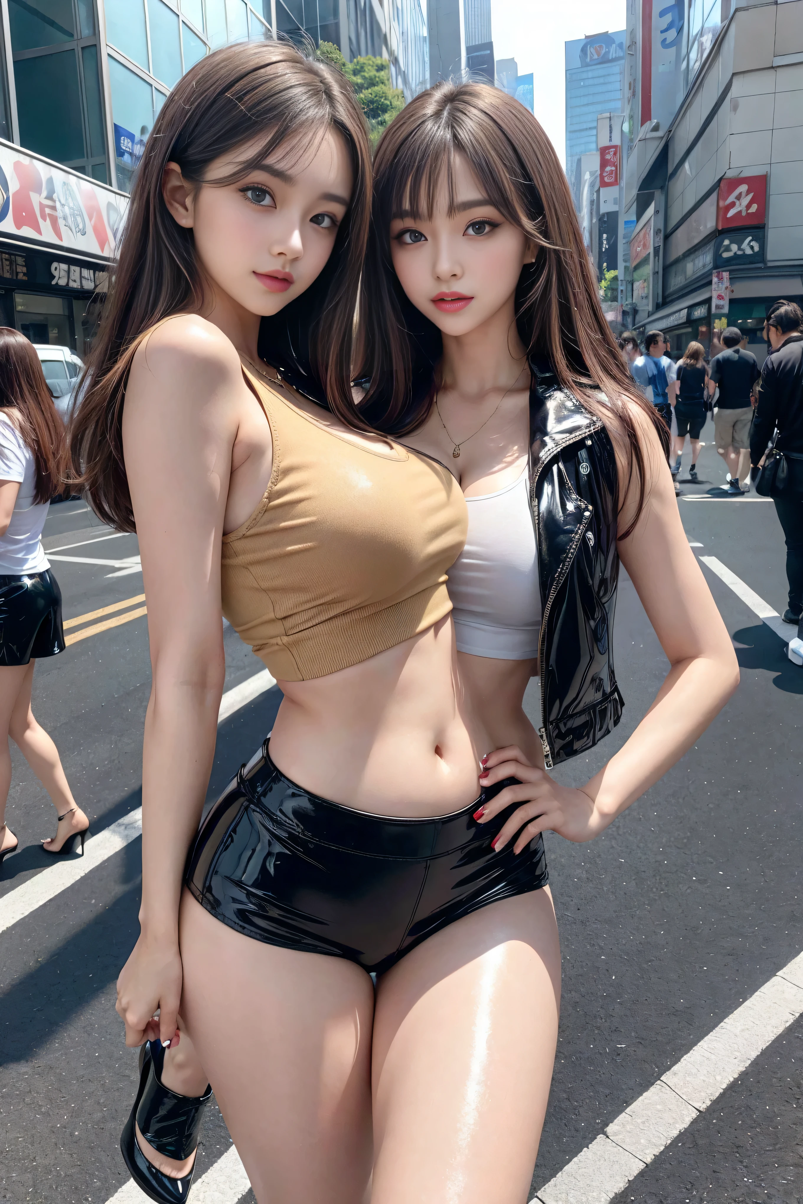 (best quality, 8k, highres, photorealistic:2.0), (solo, one girl:2.0),(lighting:front),(lighting: strong),(Photographed in the downtown area:2.0),(girl is very muscular:1.5),(A girl with amazing abdominal muscles:1.7),(girls is very toned body:2.0),(shiny skin:1.5),(oily skin:1.5),(platinum blonde hair color:1.5),(straight Super long hair:1.5),(flat chest:1.7),(((small breasts:1.7))),(ultimate beautiful girl),(cool beauty girl:1.5),(very elegant woman:1.3),(Wearing Very tiny panties:1.7),(wearing T-front panties:1.7),(high leg panties:1.7),(Wearing G-string panties:1.8),(wearing seamless panties:1.8),(navel is visible),(abdomen is visible),(waist is visible),Blush brown makeup , dark eye makeup ,pink lipstick,(big beady eyes girl:1.3),(intense sex appeal:1.5),(expensive necklace:1.5),(Wearing a tight tank top as an inner layer:1.5),(martial artist woman:1.5)