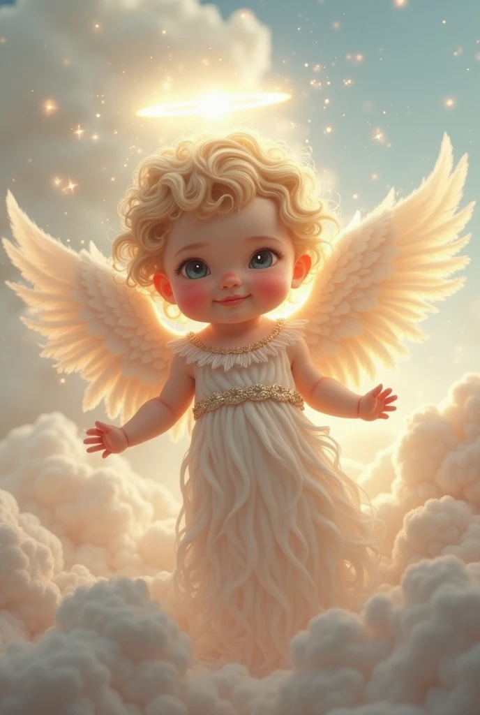 A baby angel with soft white wings, floating in a clear blue sky with fluffy clouds ,with a path to heaven The baby has wavy brown hair, with curls that frame her sweet face Her eyes are expressive and slanted ,Chestnut color with a heavenly glow. His skin color The dark-skinned . The baby is dressed in white and holds a small flower in his hand.. The image radiates a feeling of peace and purity.