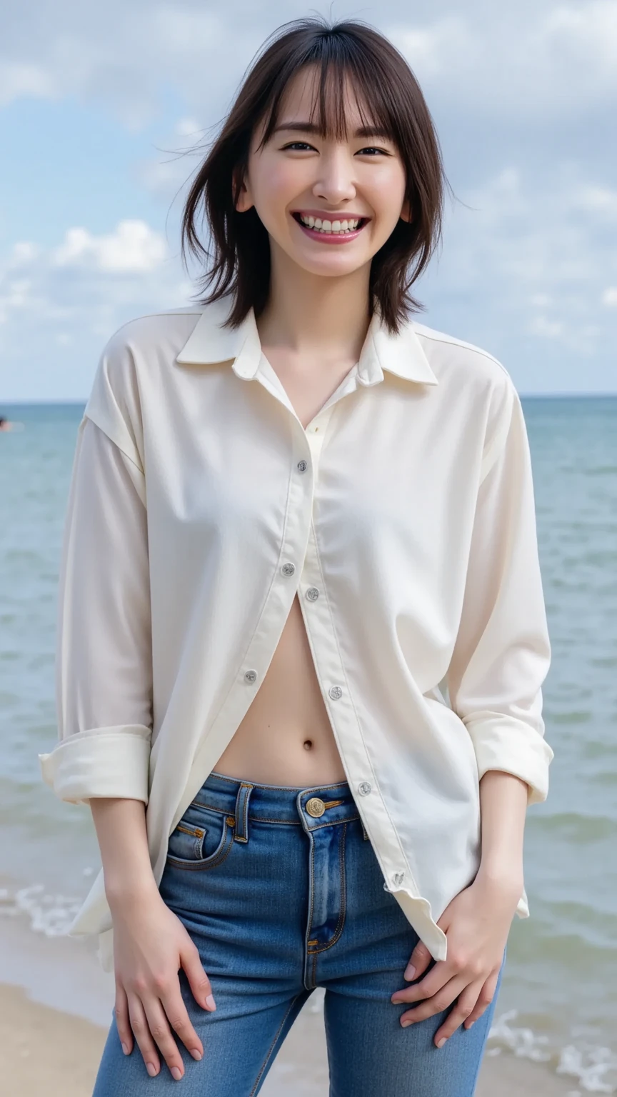 Open shirt, (((Leaning forwardになる))), ((,Round face, Around s old,mini skirt、loose tank top)), Long Hair, , Natural Makeup, Lips become thicker, Sexy Gaze, barefoot, ((Raise one leg)), Shooting from below,Gentle expression ,((Extremely precise and accurate anatomy)), (masterpiece:1.43), Perfect proportions, Realistic photos, Full Shot, whole body, (height: 165cm), (((Top-down configuration:1.33)))、(((A strong wind is blowing、Her hair is flying、Kneel, Open shirt:1.68、Lower body exposed、Leaning forward:2.25)))、((No underwear:1.55))、One Girl、Beautiful and detailed eyes and face、barefoot、20 year old cute Japan woman, ((Extremely precise and accurate anatomy:1.0)), (photo Realistic:1.4), (hyper Realistic:1.4), (最高品質のRealisticな肌の質感:1.4), (Improvement of quality:1.4), (Enhances the beauty of skin texture:1.1), Clean and glowing skin, mesh, thin:1.2, (Realistic:1.3), Realisticなライティング, (Smoother lighting:1.05), (Improving the quality of cinema lighting:0.9), Backlight, A gentle light shining on your face, Ray Tracing, (Bright light:1.2), 32k, One Japanese woman, fine grain, Detailed face, (Film Grain:1.1),(Accentuates body lines:1.1), High resolution, Natural look, Kind eyes, Improves hair quality, Delicate light and shadow, Transparent muscle, Graceful pose, Beautiful Eyes, Sharp details, Soft light reflection, Beautiful contours, Delicate skin tone, Fine hair texture, Natural background, sunny day、Beach、splash、Sandy Beach、Light of the sun、clear blue sea、The waves crash quietly、Blue sky and white clouds、green mountain々、Beautiful Nature、The joy of youth