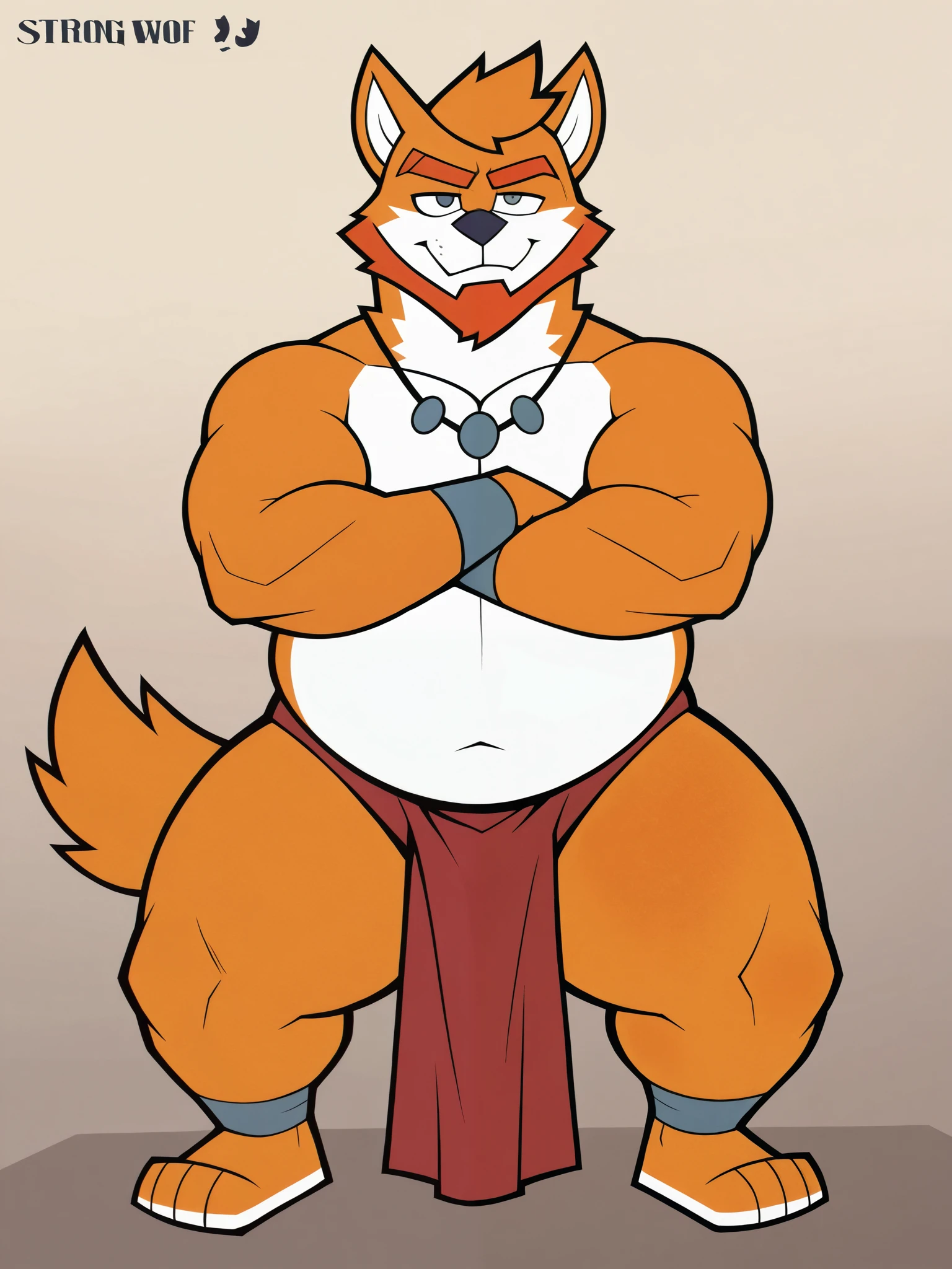 yellow wolf, male focus, fat body, strong arms, thick thighs, long orange hair, orange beard, gray eyes, red loincloth, jewelry, sensual pose, sfw