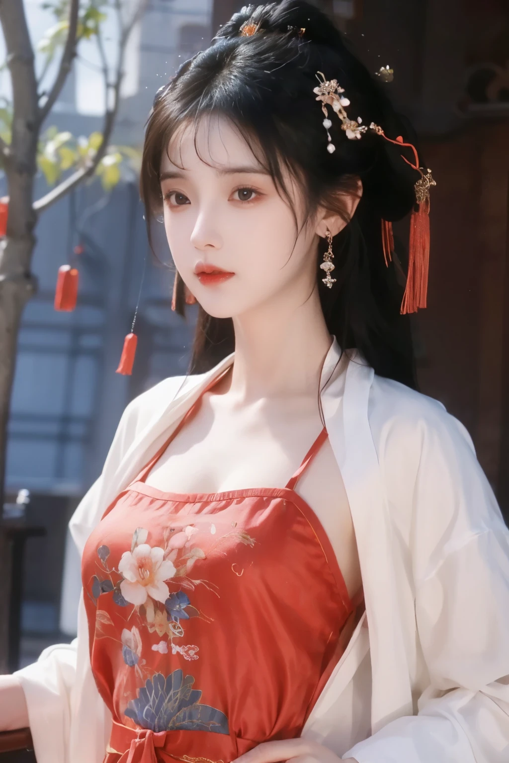( masterpiece, top quality, best quality, official art, beautiful and aesthetic:1.2), (1 Girl:1.3), flat chest, extremely detailed,(Fractal Art:1.1),(Flowers:1.3),Highest Detail,(dynamic pose), (background:1.3), (traditional Chinese costume:1.2), (shiny skin), ( many colors :1.4), ,(earrings:1.1),White
