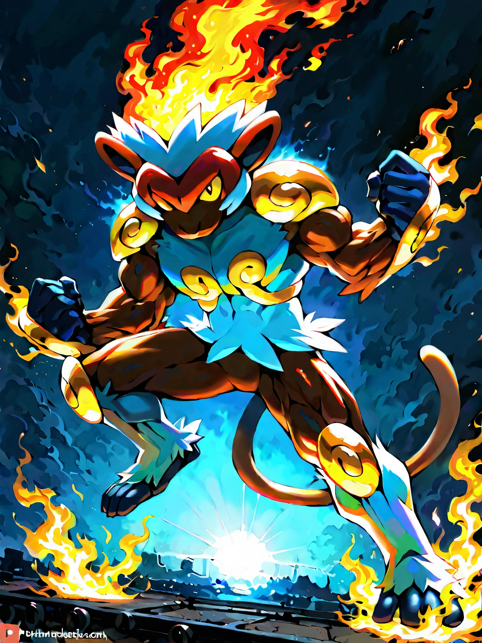 Masterpiece, best quality, BREAK Infernape(Pokemon), BREAK (muscular body:1.5), full body, battle formation, detailed muscular humanoid creature, fierce expression, powerful stance, intricate flame-like patterns, dynamic pose, fiery energy aura, cinematic lighting, highly detailed, photorealistic, 8K, HDR, studio lighting, physically-based rendering, vibrant colors, dramatic lighting.