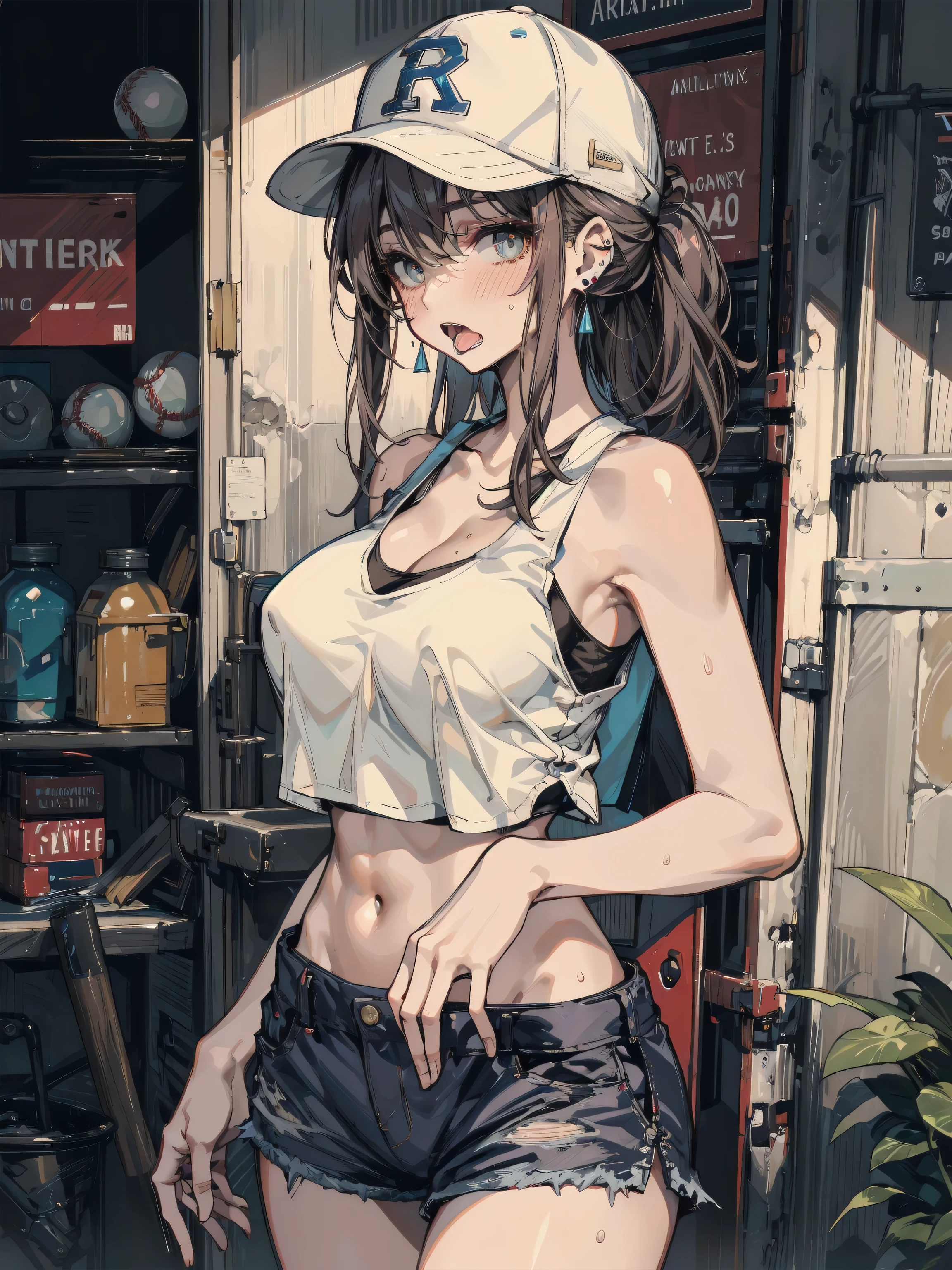 ideal ratio body proportions, perfect anatomy, correct body, earring, huge breasts, medium hair, black hair, eye rolling, drooling, with tongues, saliva, open mouth, blush, sexy, erotic, seductive, Sensual, adult body, sweat, looking at viewer, cowboy shot, outdoor, baseball cap, ((black tank top shirt)), crop top, shorts,