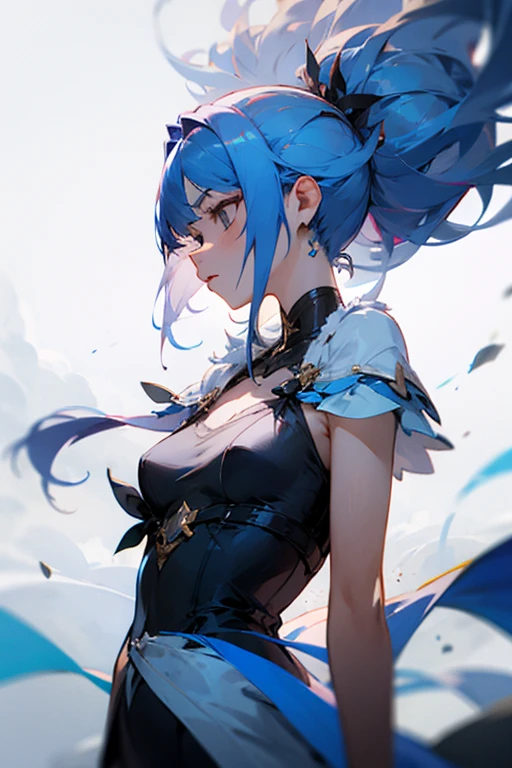 1female, adult, big breast, tan skin, finely detailed red eyes, long curly hair with messy bun, pale blue hair color, loose open yukata, evil grin, blushing, standing on open trail, waterfall, night, allured expression, village
