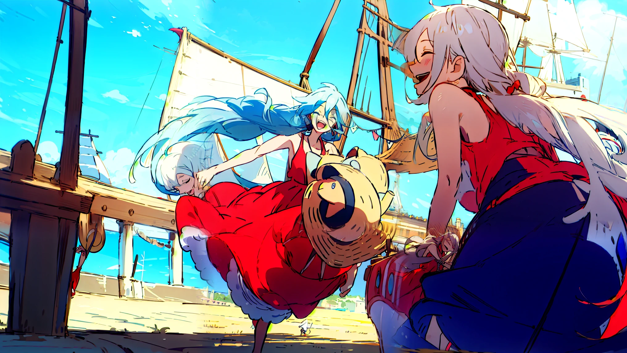 (masterpiece, best quality) Hatsune Miku and IA,2 people, straw hat、straw hatを被っている, Match the hair color to the character,Red Dress,2 peopleとも手をピースに, and closes my eyes、My mouth is laughing、The background is on a ship,I'm sailing