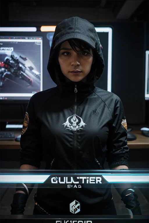 "A military gamer adorned in a Jett costume, standing out with a 'Evolıps' inscribed shirt in a backdrop of black and purple, embodying the abilities of the Valorant game character Jett."