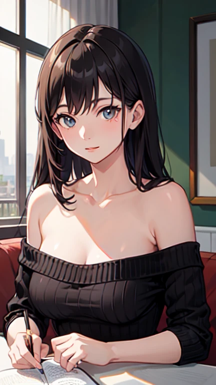 (best quality, 8K, 32k, Masterpiece, uhd:1.2), Photo of beautiful Japanese woman, big breasts, very short bob hair, upper body, face focus, oversized sweater, necklace, simple background, from above, looking towards the audience,