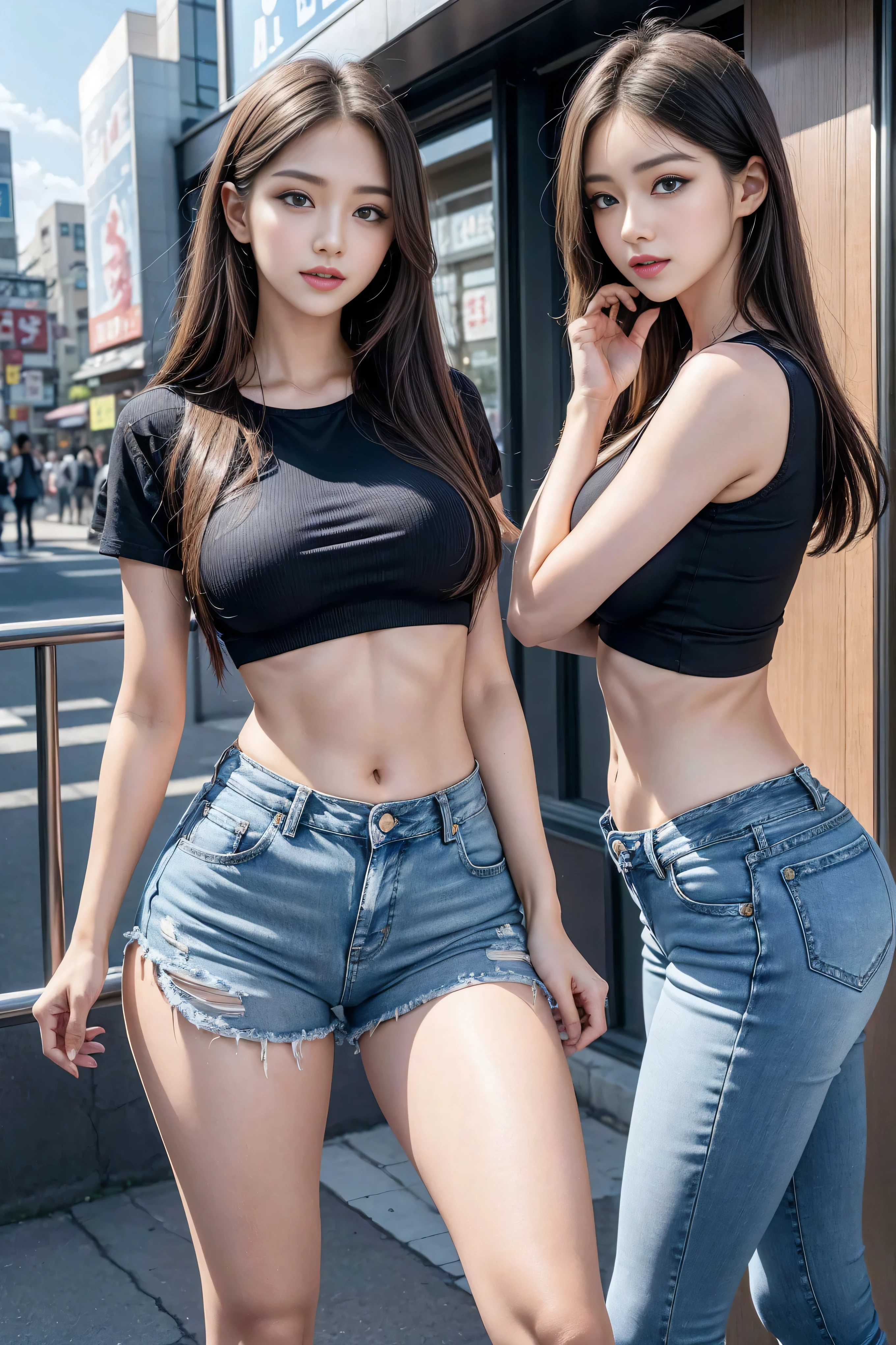2 Korean girls shooting, sister flower, sister in short skirt, sister in shorts (sexy pose, seductive pose, realistic, realistic, 16k HD, masterpiece: 1.5, focus: 1.8), sister ((([wearing blue skinny denim skirt leaky navel and sheer shirt]), schoolgirl, slim perfect, (fashion short mid-straight hair: 1.5), 18 years old, (wearing a tight miniskirt: 1.5), (low-rise crop top: 1.5), (realistic details brand denim kimono: 1.2), wearing stylish sheer tight short sleeves, sheer top (brand: 1.5, realistic perspective: 1.5, transparent: 1.5, bare breasts and bulge: 1.5), round white calves: 1.2, wearing stiletto heels (delicate stiletto heels with crystal band, high quality: 1.2)), sister (([wearing crop top denim shorts (skinny denim shorts, tight pants) and sheer shirts], Slim and perfect, schoolgirl, (fashion shawl straight hair: 1.5), 18 years old, (wearing denim shorts (tight shorts): 1.2), (low-rise crop top: 1.5), (realistic details high-end brand shorts, tight pants, denim shorts: 0.8), wearing fashion sheer tight short sleeves, Transparent top (brand: 1.5, slim, realistic perspective: 1.5, transparent: 1.5, bare breasts and areola: 1.5), round white calves: 1.2 wearing stiletto heels (delicate stiletto shoes crystal band sandals, high quality: 1.2)), surreal schoolgirl, realistic schoolgirl, schoolgirl pose, model pose, wet on rainy days, shoot full body ((full body: 1.8)), beautiful skin, glowing skin, slim beautiful thighs, Perfect thighs: 1.0, perfectly rounded calves: 1.0, fair and tender toes: 1.0, beautiful breasts: 1.5, beautiful buttocks: 1.5, upturned buttocks: 0.7, best quality, fair skin, real skin, (detail face), sister goose egg face, sister melon seed face, pores, super resolution, (16k, original photo, realistic: 1.4), 2 girls, slim, (smile, teeth and tongue: 1.2, happiness: 1.2), (eyes, lip gloss, face, Perfect, realistic, super detailed, wide lighting, natural shadows), shooting full-body: 1.8 --auto