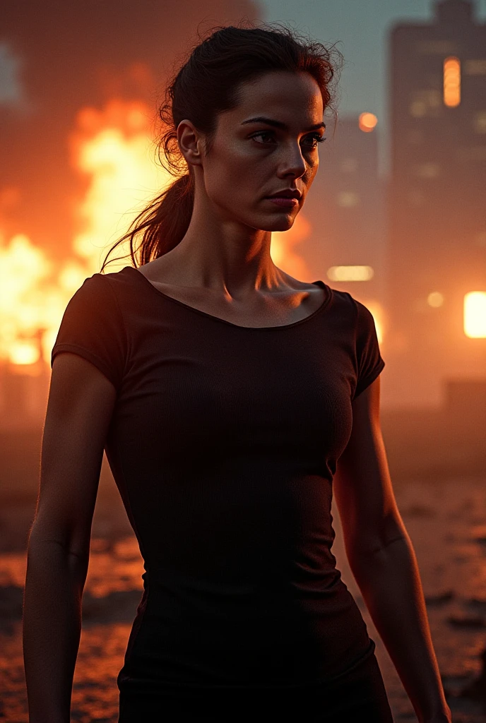 The heroine of the movie "GODZILLA Godzilla". A malay woman in hijab desperately fleeing from Godzilla in a devastated Los Angeles, hijab disheveled, bra stained, mini leggings, short leggings torn, running through rubble. Crumbling buildings, burning flames, white skin, wet skin oil, smooth skin, stunningly beautiful face, detail, photorealistic, 8K.