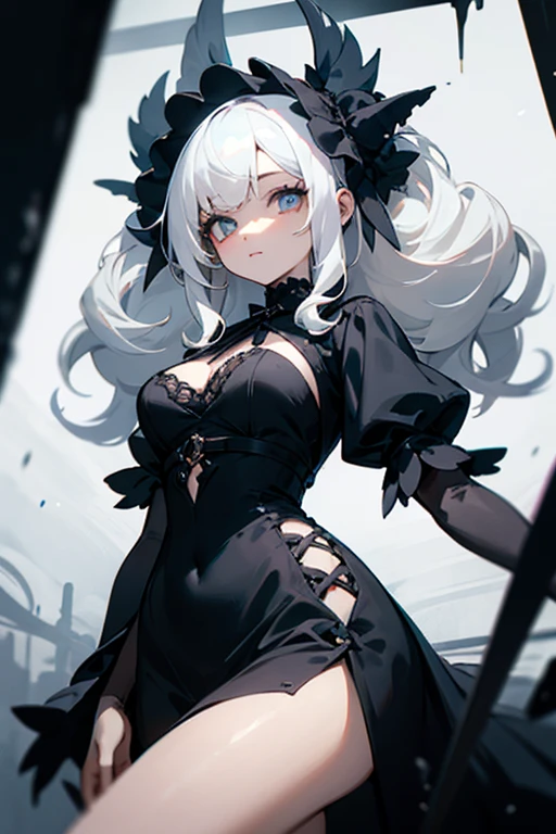 1girl, long hair,red hairband, absurdly long hair,ed eyes,black shirt,black red skirt,zettai ryouiki,silver hair,ribbon_choker,black choker, black choker,jewelry, shackles, cowboy shot, torn clothes, torn shirt, torn gloves,torn thighhighs,masterpiece, best quality,nose, wet lips, shiny,(beautiful detailed eyes), vivid, intricate details,(big breasts),slender body,very young cute face,{detailed clothing}, {detailed background}, {extremely beautiful and delicate}, (very detailed), (wallpaper), highlight eyes,blush,(mini_top_hat:1.2),Floating Hair,(gothic_ta:1.2),seductive smile, excited, dark_persona, crazy, best quality, ultra-detailed, masterpiece, finely detail, 8k wallpaper, 1girl, long hair, split-color hair, pose, masterpiece, masterpiece,best quality,official art,extremely detailed CG unity 8k wallpaper, best quality