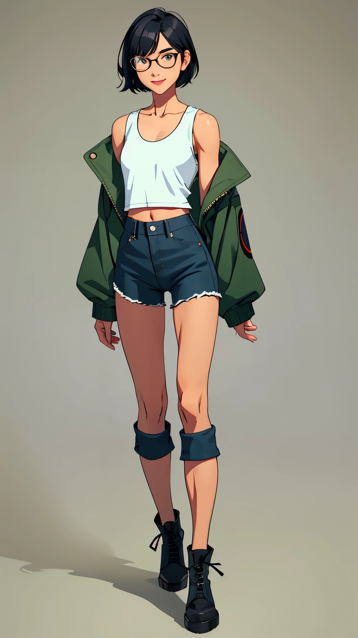 Small eyes, three white eyes, Alasaa Japanese Glasses Otaku 1 woman black hair short bob sadist teeth smile slender small flat chest toned body MILITARY JACKET dark green tank top belly button concrete room under lay black denim pants combat boots Military Watches