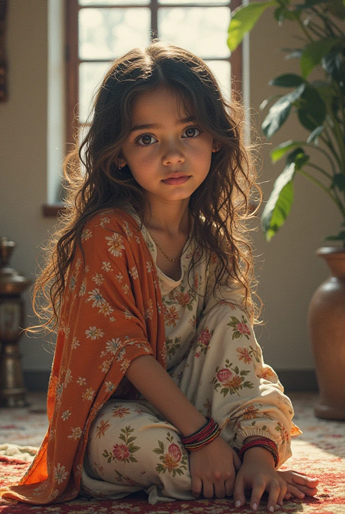 pakistani child girl, wear white and green long maxci, long hair, soft lighting, plants in background, window with sunlight, cozy room, realistic, by Greg Rutkowski, by Alphonse Mucha