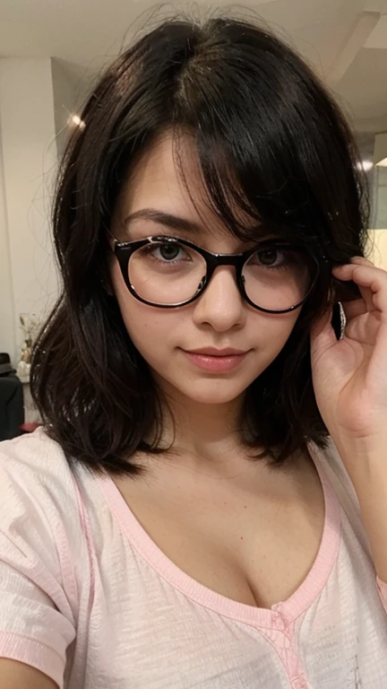 Anime girl,short hair,glasses, laying in bed,looking through phone, night