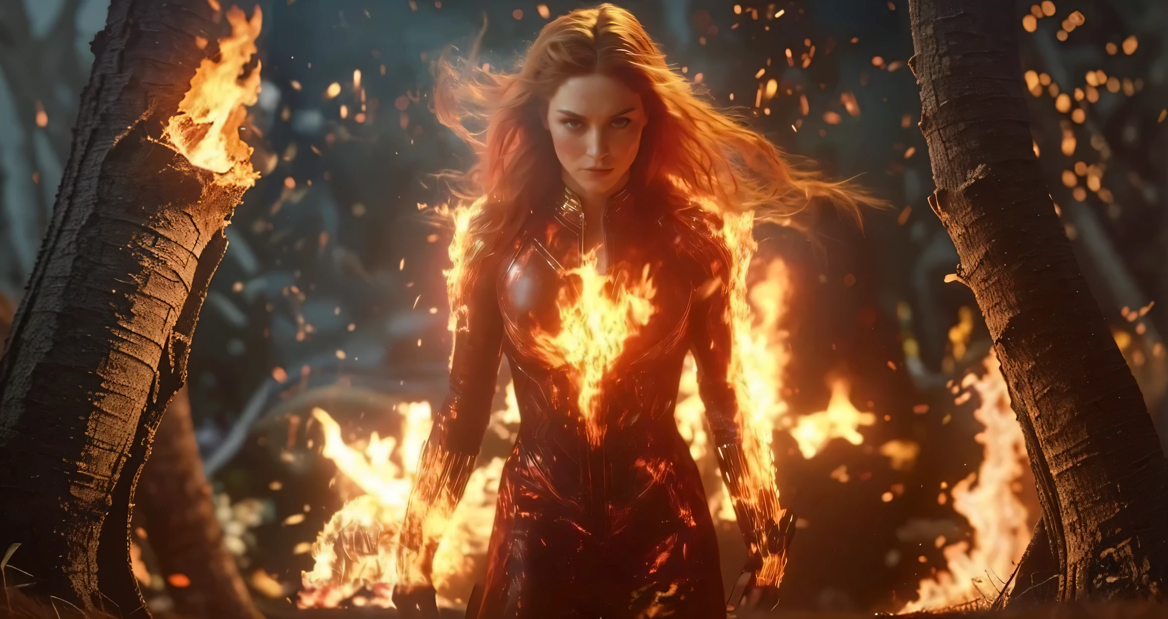 She creates a detailed and expressive painting of a woman representing the element of fire with long red hair in the foreground. The woman should be centred in the image with her head slightly tilted back, her eyes show a great expression of sadness, longing and too much anger with tears rolling down her cheeks, these tears have golden tones on her face; she reflects the intensity of the emotions in her eyes as in Cabanel's portrait of The Fallen Angel. His face should be centred towards the camera. His shoulders should be visible, while the rest of his body remains outside the frame. The background should present the element of fire that he forms with ash-like elements behind his head, composed of an iconic element of solar devastation in dark orange and dark yellow tones as the extinguished flames create an intense and radiant effect against a black background. The background should be powerful, showing her fury and energy, giving a juxtaposition between the expression of the woman's face and the background of chaos. The hair should give a sense of movement and energy like the wind. Use dramatic lighting to highlight the woman's face and hair, creating a strong contrast with the fiery background. The artistic style should focus on intricate details and ethereal elements, ensuring that the overall composition looks divine and otherworldly. Keep the warmth of the colours and fine textures to faithfully reproduce the image provided, allowing the figure to be substituted for another, but retaining the background and overall style.