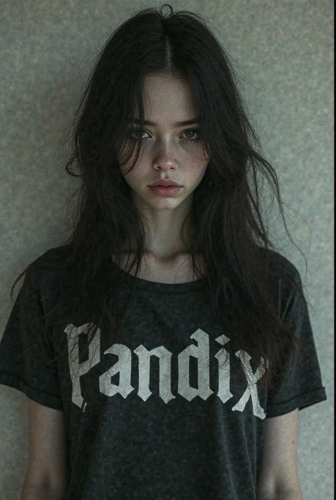 19 year old Asian girl, with outstanding beauty, bright blue eyes, and a perfect face like each of her features, face inspired by singer Billie Eilish, long shiny black hair, pale skin and thick, shiny lips, sitting on the couch, wearing a short white shirt that saids "DEFTONES", perfect body, with tattoos, big tits
