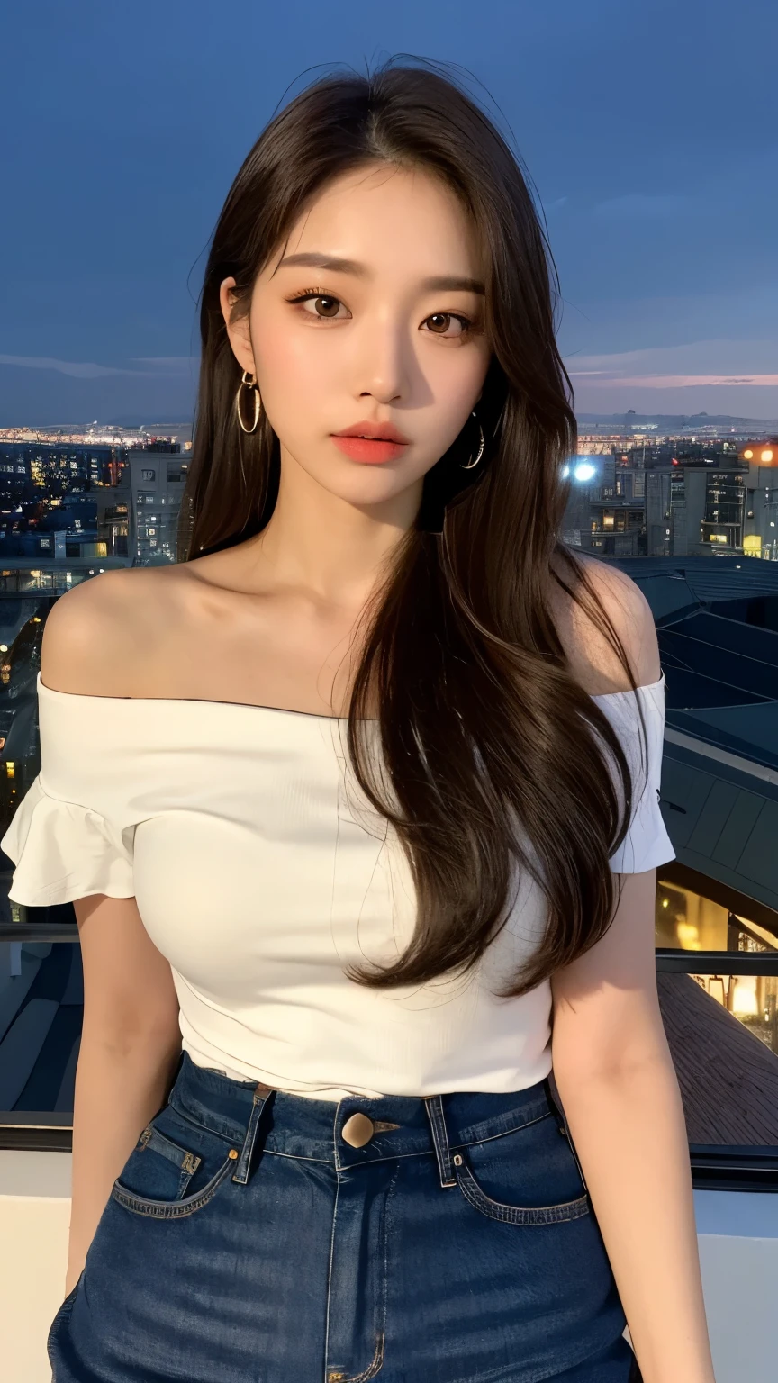 ((midnight, best quality, 8K, masterpiece :1.3)), whole body, long legs, sharp focus :1.2, pretty girl with perfect body :1.4, slim abs :1.1, ((dark brown hair, big bust :1.2)), (white tight t-shirt, bib jeans, standing:1.2), ((night city view, rooftop:1.3)), Highly detailed face and skin texture, detailed eyes, double eyelid, sunset, become dark, backlight, off shoulder