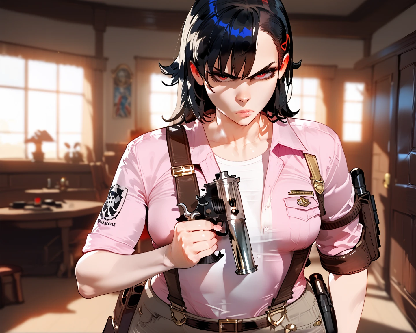 (masterpiece, best quality:1.4), a woman, dark hair, firefighter clothes, dirty, sweat, firefighter car, smoke, complex background, magazine cover photo