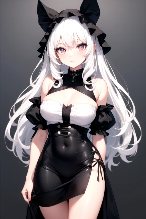 thin (cute little girl:1.2) standing, childish, (disproportionately (perky gigantic breasts:1.3) despite little child:1.1), (cleavage:1.3), (frilled white shirts with open chest wide), BREAK, large cute eyes, loli face, BREAK, thin long legs, too thin waist, reaching forward, BREAK, (very long white straight hair:1.2), blunt bangs, BREAK, (long black thighhighs with white line), BREAK, short black capelet, short black high-waist skirt cinches waist tight, BREAK, looking at viewer, (nose blush:1.2)