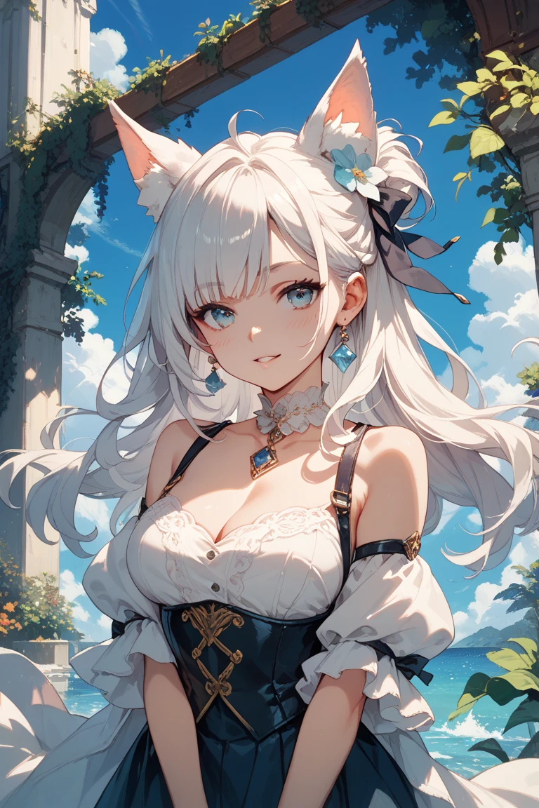 Beautiful arts wallpaper Sunset Outside castle top High level image quality best image quality 8K adult woman silver castle outside more colors whole body view portrait bikini blue horn ears short hair((shortcut)(gray hair)(perm)(fluffy)) eye color is blue , , attractive evil face , smile , labrynth , barearm ,gloves , wearing pink , sitting ,