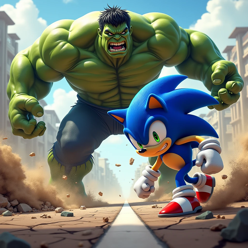 There is a race going on between hulk and Sonic. Many people have come to watch this race and they are happy.