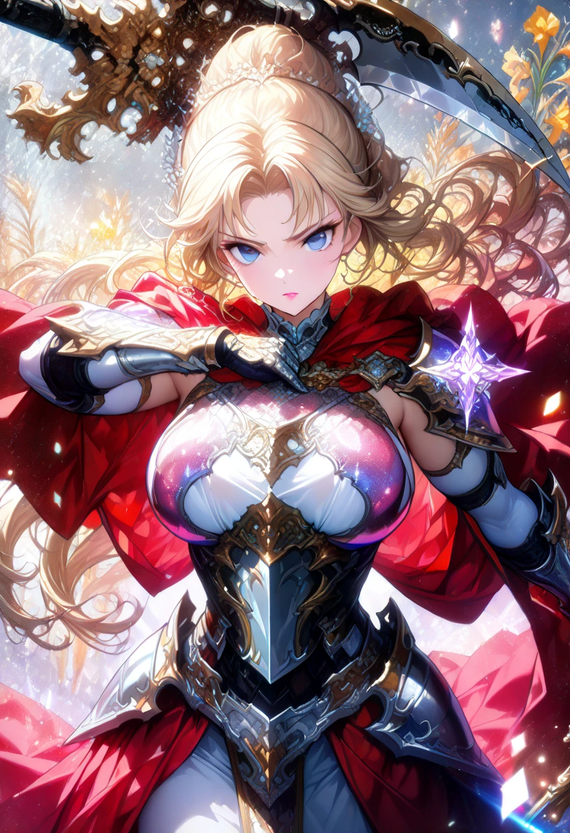 Very beautiful woman、Slender women、(Detailed face)、Realistic Skin、((Knight of Fire)), (((Red Armor:1.25)))、((((Highly detailed and intricately decorated black armor))))、((Delicate photo)),(Girl Astepeace RAW Photo Details:1.25), (Highest quality:1.6), (Ultra-high resolution:1.5), (Realistic:1.75), 8k resolution, Canon EOS R5, 50mm, Absurd, Very detailed,Cinema Lighting,Battlefields of Medieval Europe、((Fight))、RPG World、Final Fantasy、(((Decorative skirt)))、Thigh-high socks、Shingard、night、、Get a six pack、Torn Cloak、Beautiful Armor、(((Giant Sword)))、In combat、The wind is blowing、(((Flames covering the area)))、(((Leading a large group of red knights)))、(((Knight Commander)))、Armor with a phoenix motif、Old scar on right cheek:1.2、((fire))、(((Battle Scenes)))