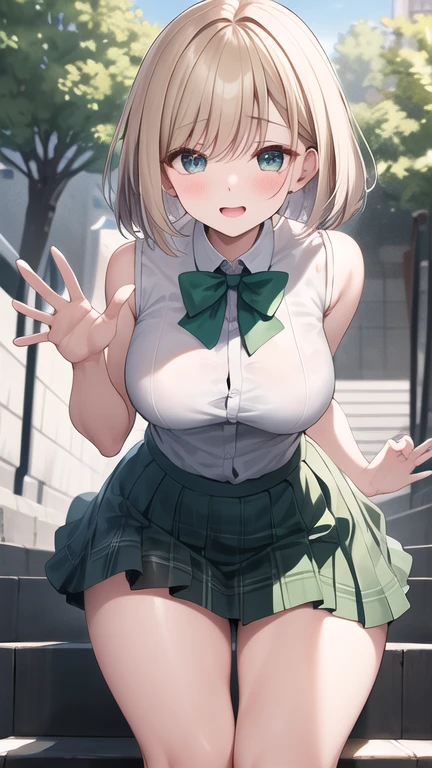 [1girl, tsunade \(naruto\), naruto \(series\)], (goblin slayer!), (throw_hand, pink vibrator remote switch in throw_hand, throw:1.2), Highest quality, Super detailed, masterpiece, Ultra-high resolution, 8K, Ridiculous, Cowboy Shooting, Blurred, Focus on the girl, Embarrassing, blush, Lovely, Open your mouth, What saliva leaves behind, Wet skirt hem, (Sticky panties:1.1), Bulging of the vibrator cord, Vibrator with Garters, (cleavage), Classroom Background, The skirt is accidentally exposed,(large breasts), (crop top navel), (waist line), Accidentally exposed panties