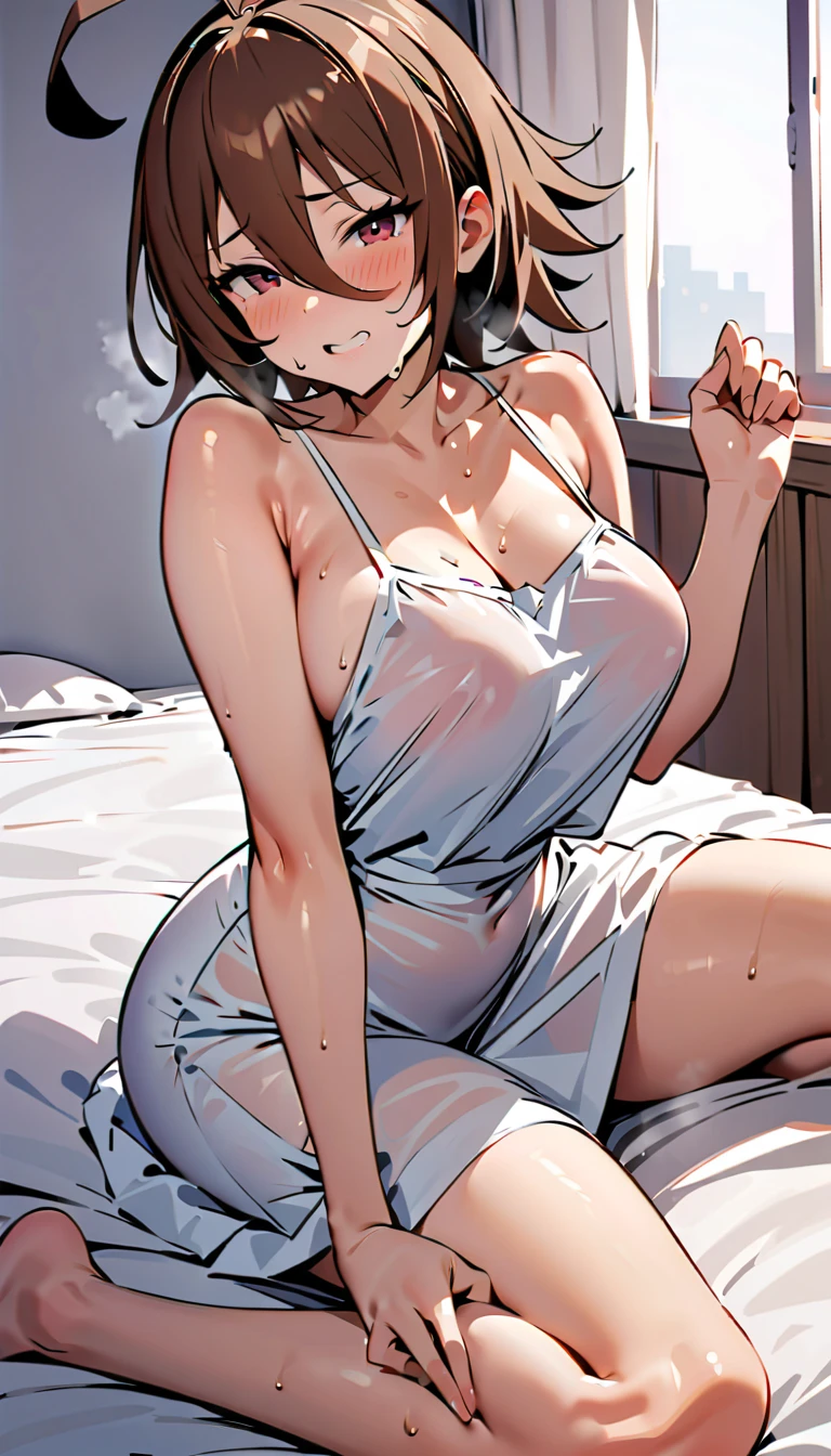 a cartoon sexy girl sitting on the bed in her white shirt and white panties, 1girl, kuwayama chiyuki, breasts, solo, underwear, cleavage, armpits, large breasts, panties, brown hair, looking at viewer, blush, sitting, white panties, indoors, ahoge, arms behind head, on bed, arms up, ssr, ((armpit crease)), sweaty armpits, stinky armpit , arm cutout, smile