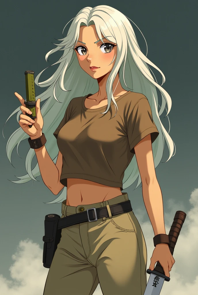 green solid background, 1 woman, best quality, ultra high res, long hair, white hair, purple eyes, full lips, military pants, white tank top, hard nipples, sleepy at viewers, double D breast, standing, full body, holding pistol