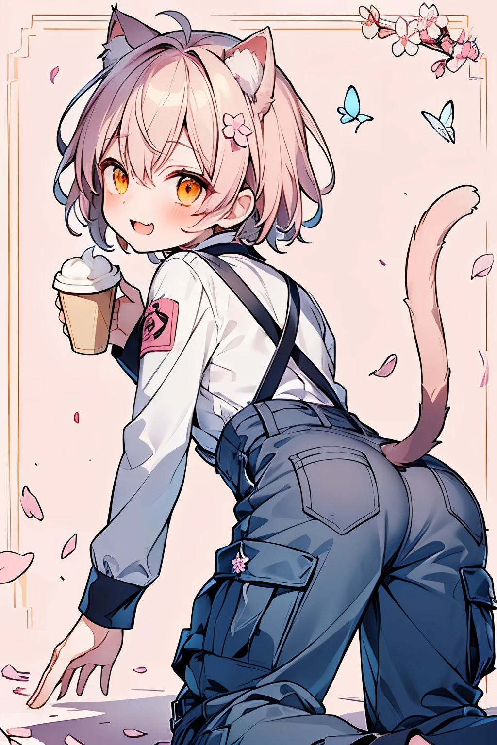 ((1-boy :1.3)),((handsome:1.2)),((adult male:1.15)),((Alone:1.3)),short hair,blonde hair,((orange eyes:1.25)),skinny body,((holding Coffee cup:1.25)),((:3:1.25)),smile,(open mouth:1.15),smile,((A filled with pleasure:1.1)),((ecstatic expression:1.1)),((Evil:1.35)),((glassy eyes:1.15)),((cat ears:1.2)),((Cap:1.1)),((pet collar :1.1)),(looking viewer:1.25),((check pattern background:1.15)),((cherry-blossom:1.25)),(close up face:1.15),((Spring day:1.3)),(long volume sleeve blouse:1.15),((high waist cargo pants:1.2)),((Many flying pink butterfly:1.2)),((Petals are dancing:1.25)),(looking back:1.2),((Kneeling:1.15)),((cat tail:1.2)),