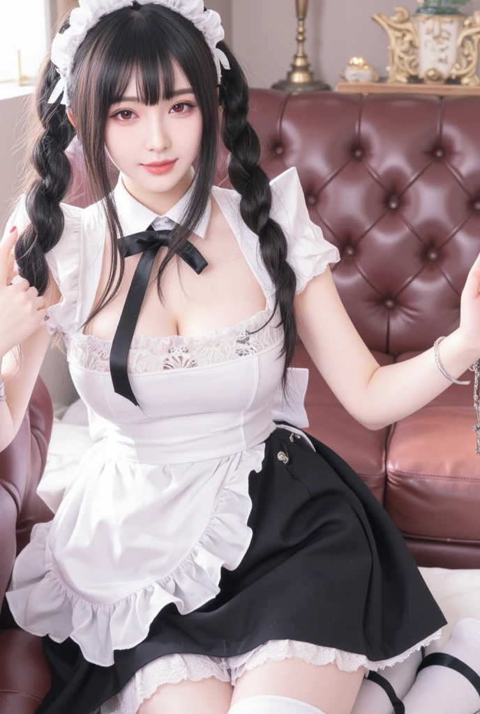 Non-NSFW、Real、Highest quality、Highest quality、masterpiece、Ultra-high resolution、RAW Photos、Real、Bright lighting、Face Light、Smooth Professional Lighting、Looking into the camera、alone、Adult women、Beautiful woman、Super Beauty、Realな肌、Moisturized Skin、Realな目と顔、Perfect model body、Beautiful Eyes、Big eyes、Inconspicuous tear bags、slim、No bra、Beautiful fingers、Very long hair、Jet Black Hair、black eye、looks happy、(Both ears are hidden by hair)、Fantasy World、Medieval Europe、saint、(((Neat and Clean Maid)))、Inside the temple、(black and white outfit:)、Small Ass、(Venus' Nipples:1.8)、Königsreuter, (Black French Maid Uniform:1.7), (white Stockings and Garter Set:1.2), (Headdress),(high heels:1.2), (Short frilly salon apron:1.2)、(Leaning forward:1.2)、(From above:1.5)