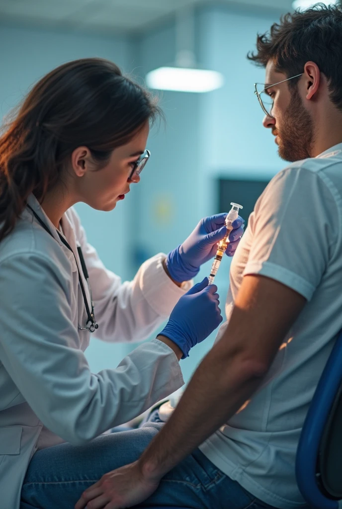 A man is inserting a needle on a handsome man's chest