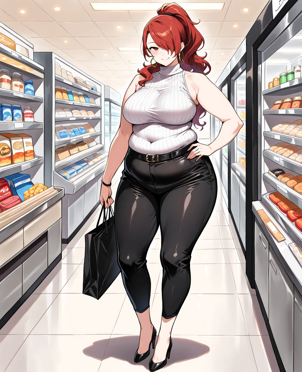 ((highres)), Masterpiece, high quality, best quality, beautiful, perfect lighting, detailed face, ultra cute face, cowboy shot, ((1girl)), ((solo)), looking at viewer, skindentation, ((blushing)), shocked, nervous, short orange hair, green eyes, glasses, freckles, jeans, tank top, jacket, tight clothes, full body, grocery store, arms behind back,  medium breasts, perky breasts, cleavage, ((wide hips)), ((thick thighs)), chubby, 